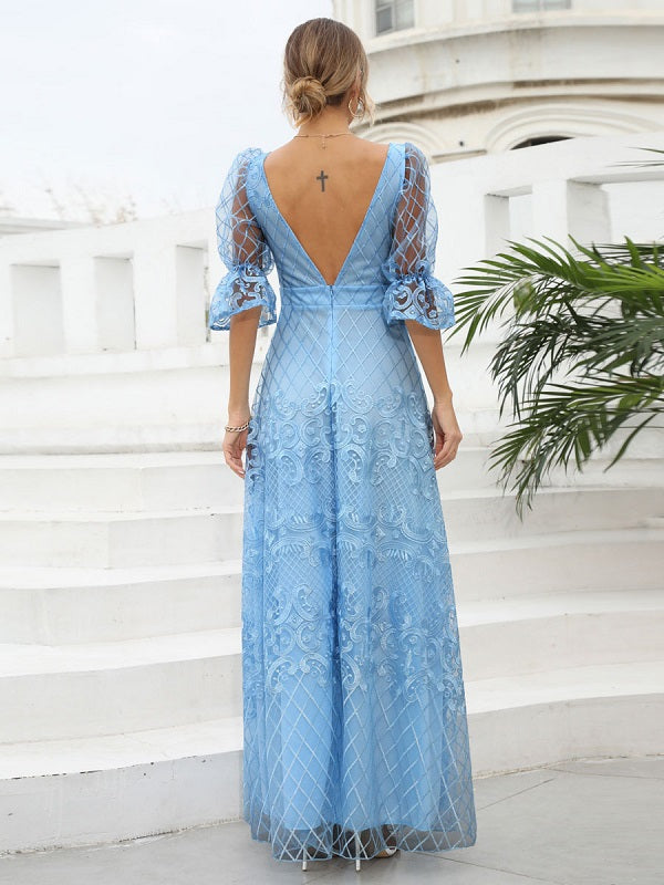 Half Sleeves Polyester Floor Length Party Dress