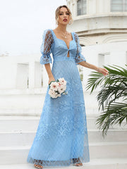 Half Sleeves Polyester Floor Length Party Dress