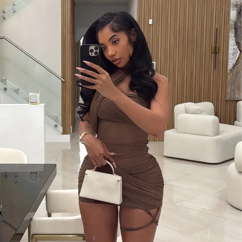 Halter Backless Body-Shaping Asymmetrical Mesh Pleated Holiday Beach Party Clubwear Mini Dress