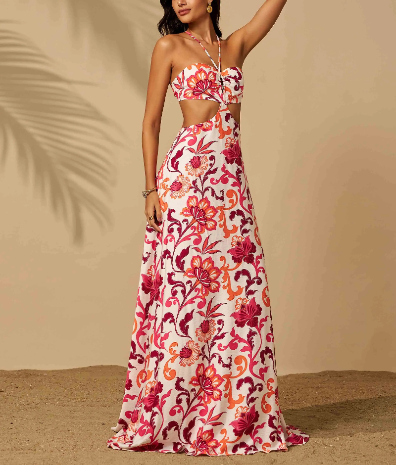 Halter Cutout Floral Backless Mini Evening Gown Leisure Beach Vacation Floor Length Dress