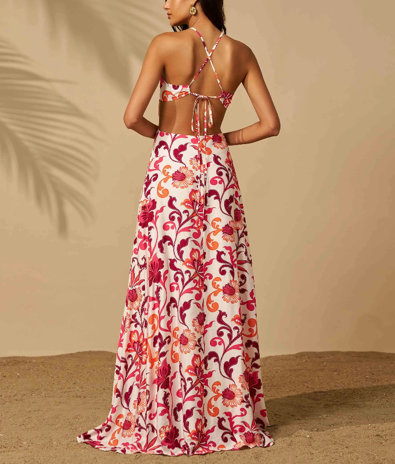Halter Cutout Floral Backless Mini Evening Gown Leisure Beach Vacation Floor Length Dress