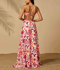 Halter Cutout Floral Backless Mini Evening Gown Leisure Beach Vacation Floor Length Dress