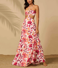 Halter Cutout Floral Backless Mini Evening Gown Leisure Beach Vacation Floor Length Dress
