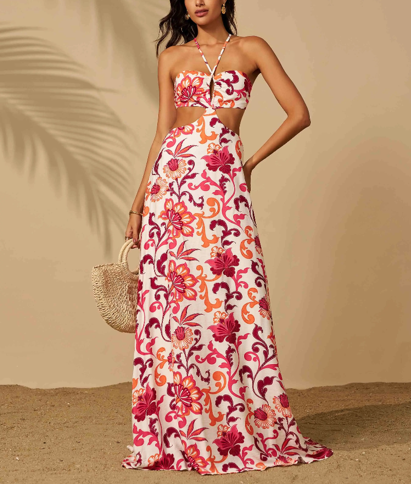 Halter Cutout Floral Backless Mini Evening Gown Leisure Beach Vacation Floor Length Dress