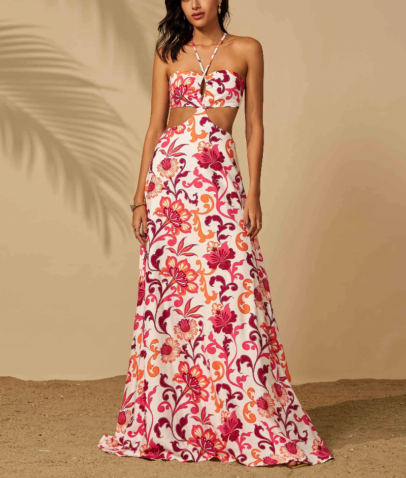 Halter Cutout Floral Backless Mini Evening Gown Leisure Beach Vacation Floor Length Dress