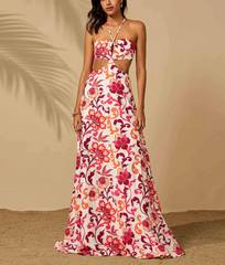 Halter Cutout Floral Backless Mini Evening Gown Leisure Beach Vacation Floor Length Dress