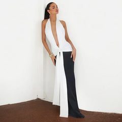 Halter Deep V Neck Patchwork Sleeveless Backless Draped Ruched Evening Club Long Dress