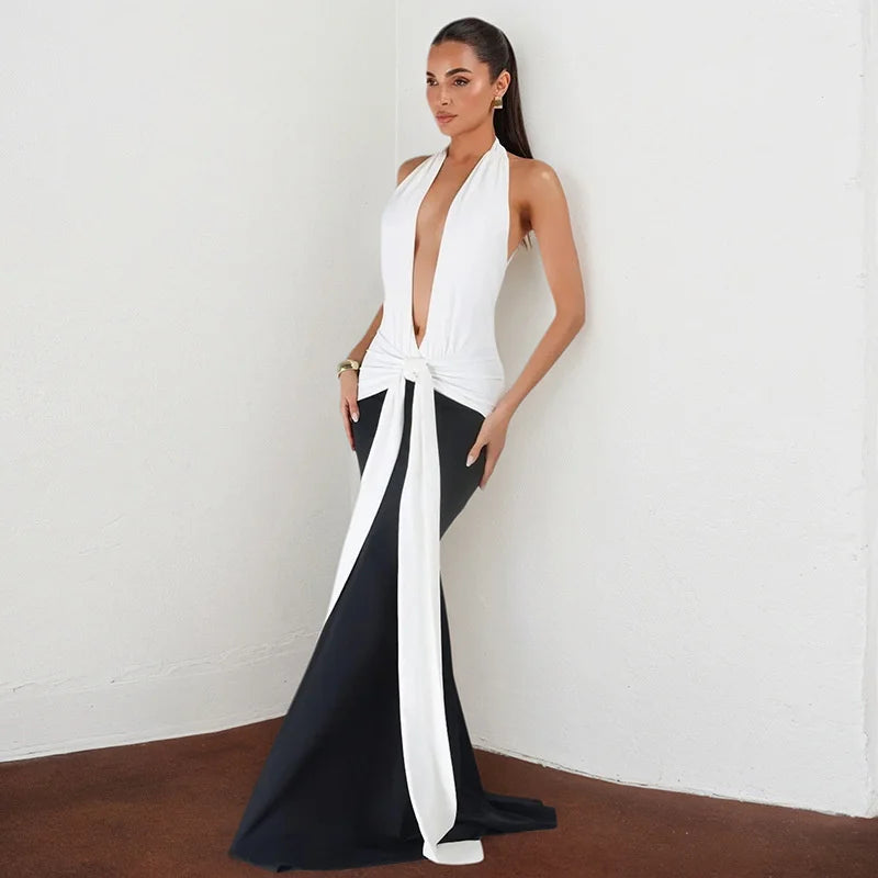 Halter Deep V Neck Patchwork Sleeveless Backless Draped Ruched Evening Club Long Dress
