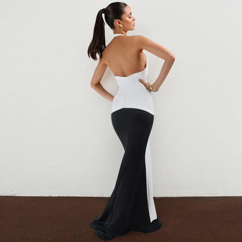 Halter Deep V Neck Patchwork Sleeveless Backless Draped Ruched Evening Club Long Dress