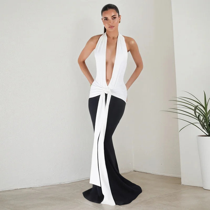 Halter Deep V Neck Patchwork Sleeveless Backless Draped Ruched Evening Club Long Dress