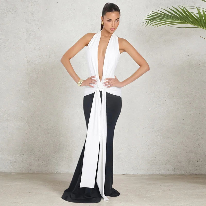 Halter Deep V Neck Patchwork Sleeveless Backless Draped Ruched Evening Club Long Dress