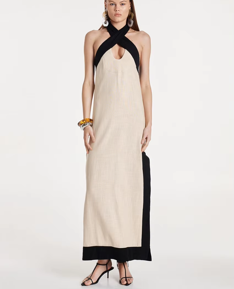 Halter Elegant Backless Sleeveless Loose Cotton Patchwork Maxi Dresses
