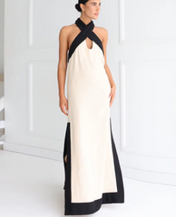 Halter Elegant Backless Sleeveless Loose Cotton Patchwork Maxi Dresses