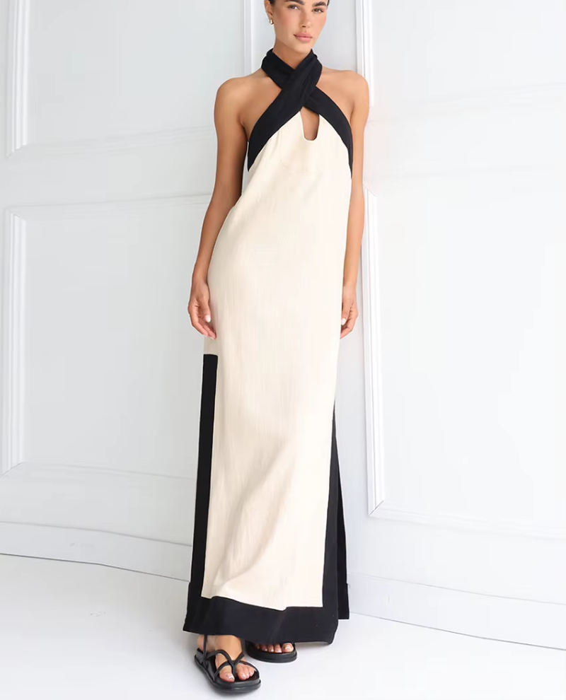 Halter Elegant Backless Sleeveless Loose Cotton Patchwork Maxi Dresses