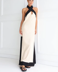 Halter Elegant Backless Sleeveless Loose Cotton Patchwork Maxi Dresses