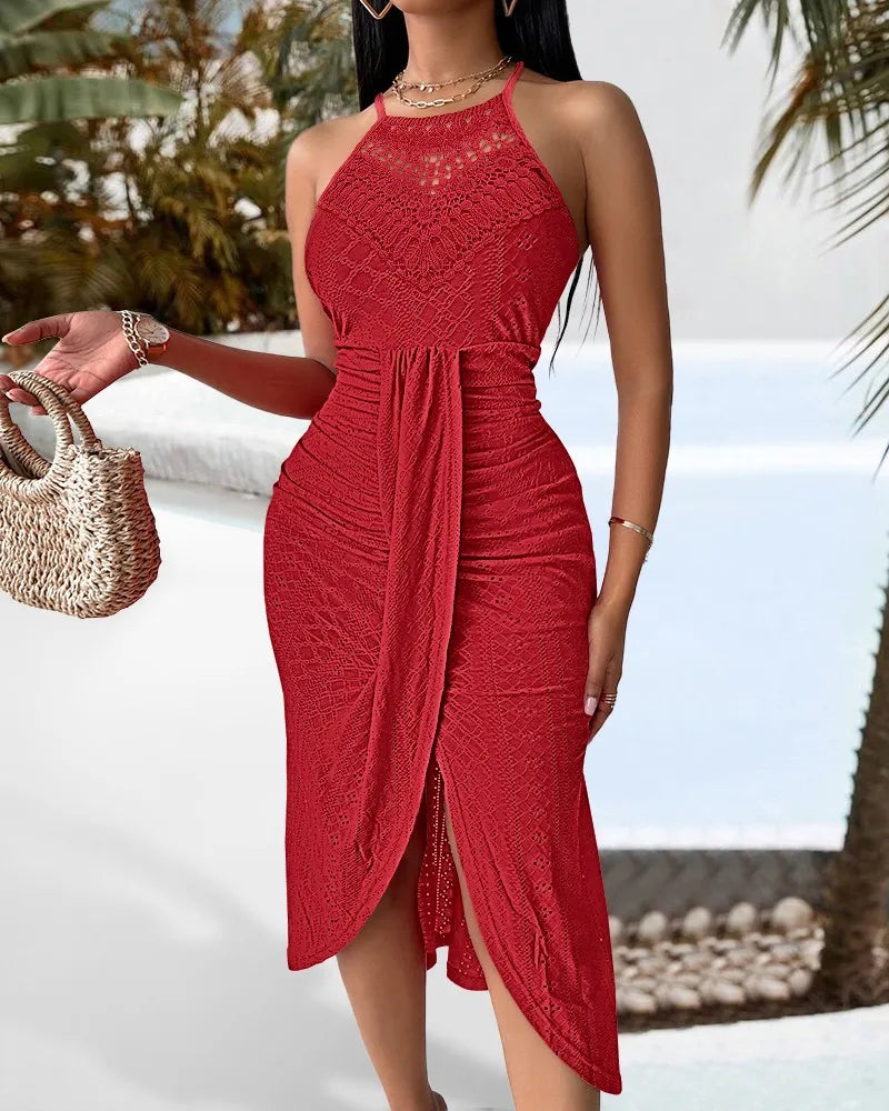 Halter Hollow Strapless Front Slit Ruched Irregular Street Trendy Dress