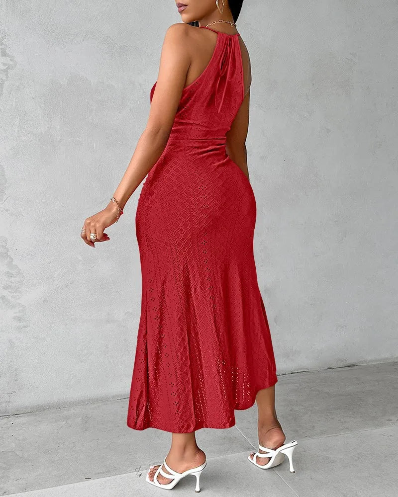 Halter Hollow Strapless Front Slit Ruched Irregular Street Trendy Dress