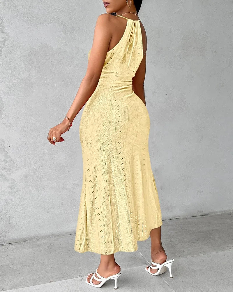 Halter Hollow Strapless Front Slit Ruched Irregular Street Trendy Dress