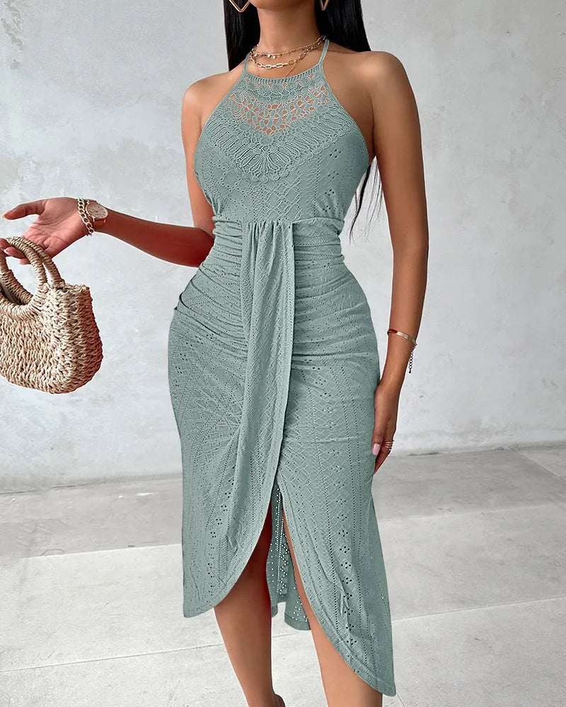 Halter Hollow Strapless Front Slit Ruched Irregular Street Trendy Dress