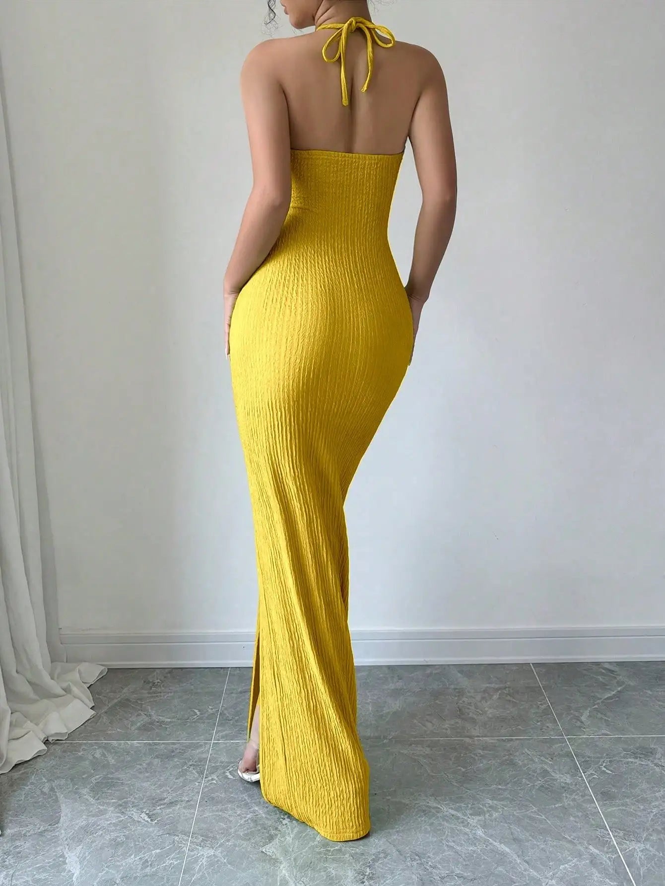 Halter Neck Lace-Up Hollow Out High Slit Maxi Sheath Dress