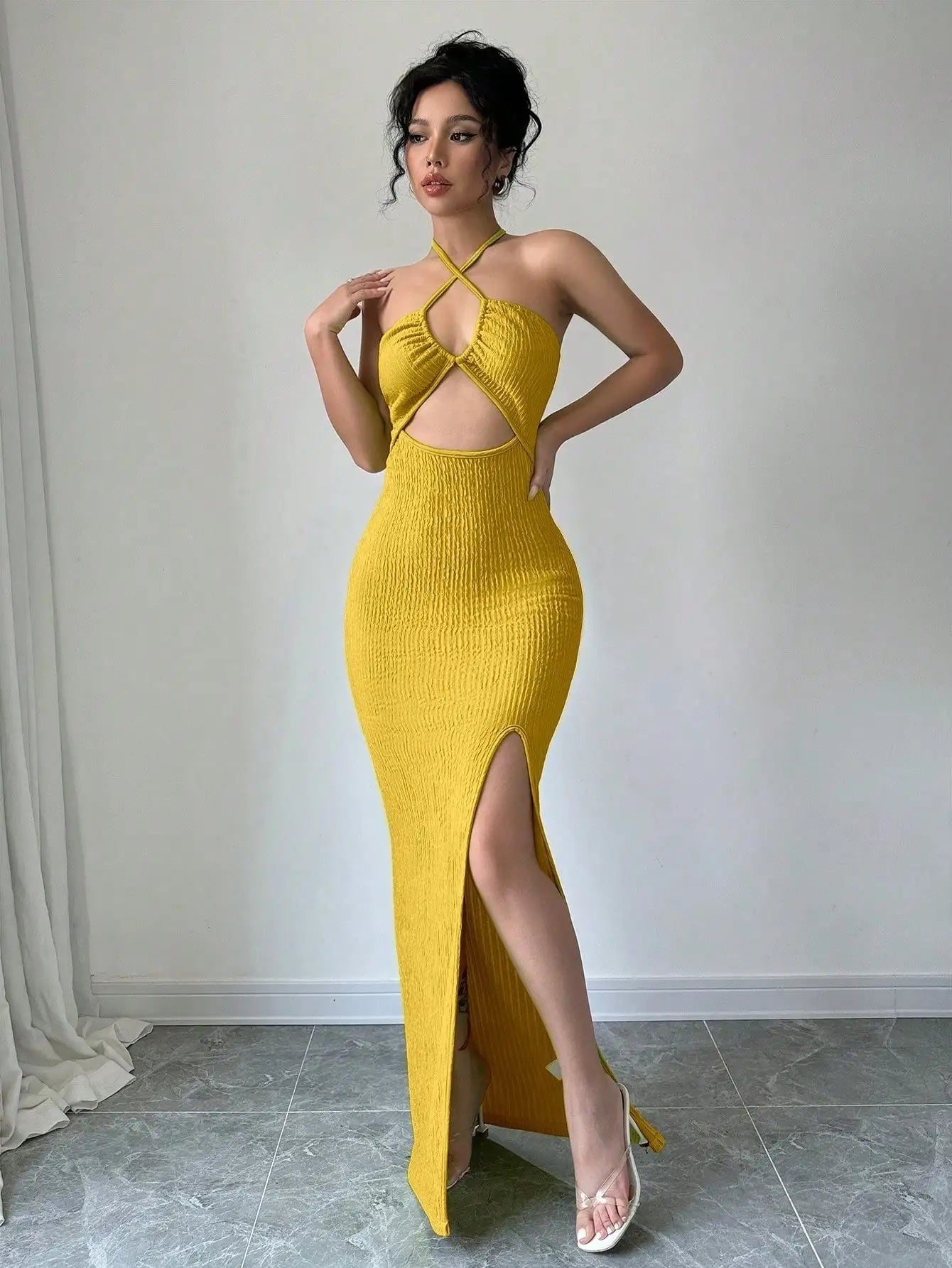 Halter Neck Lace-Up Hollow Out High Slit Maxi Sheath Dress