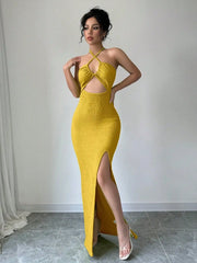 Halter Neck Lace-Up Hollow Out High Slit Maxi Sheath Dress