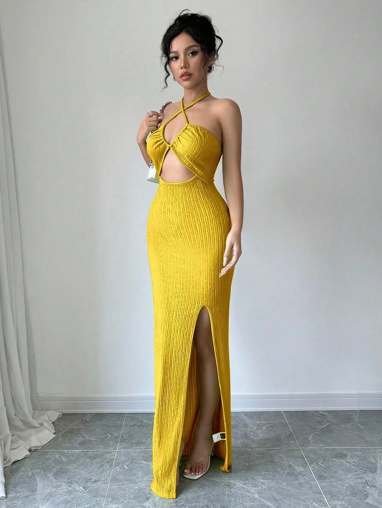 Halter Neck Lace-Up Hollow Out High Slit Maxi Sheath Dress