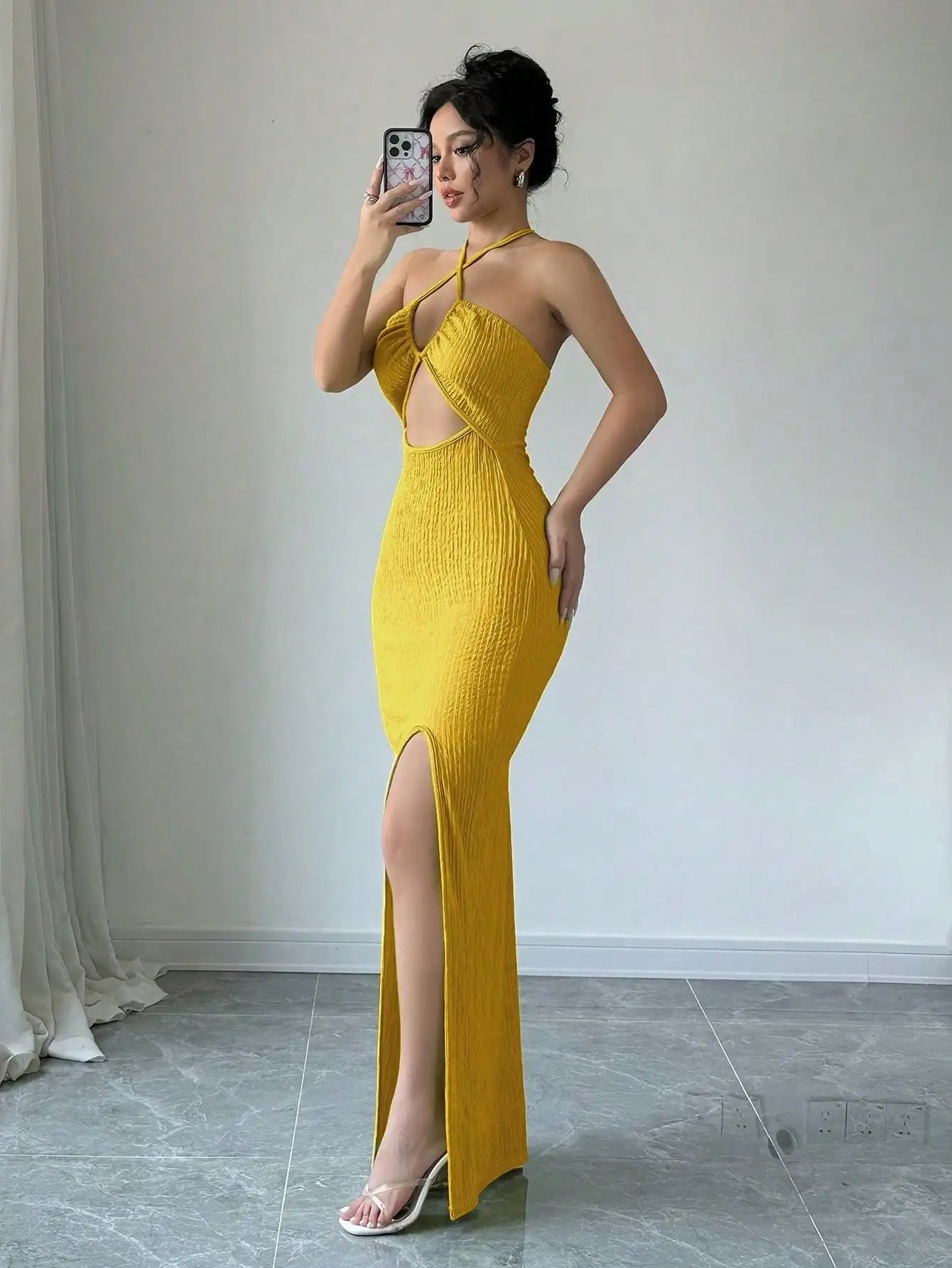 Halter Neck Lace-Up Hollow Out High Slit Maxi Sheath Dress