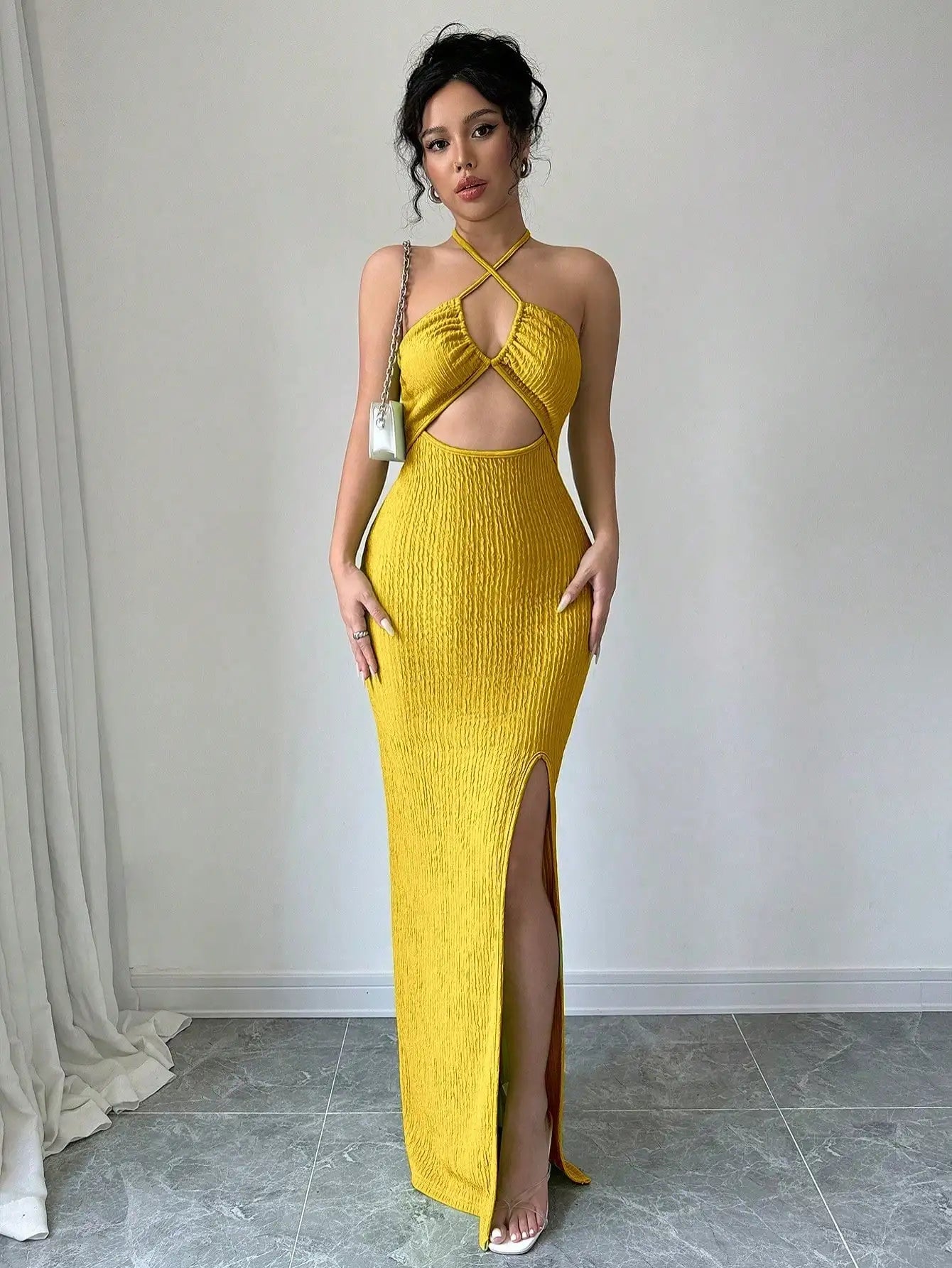 Halter Neck Lace-Up Hollow Out High Slit Maxi Sheath Dress