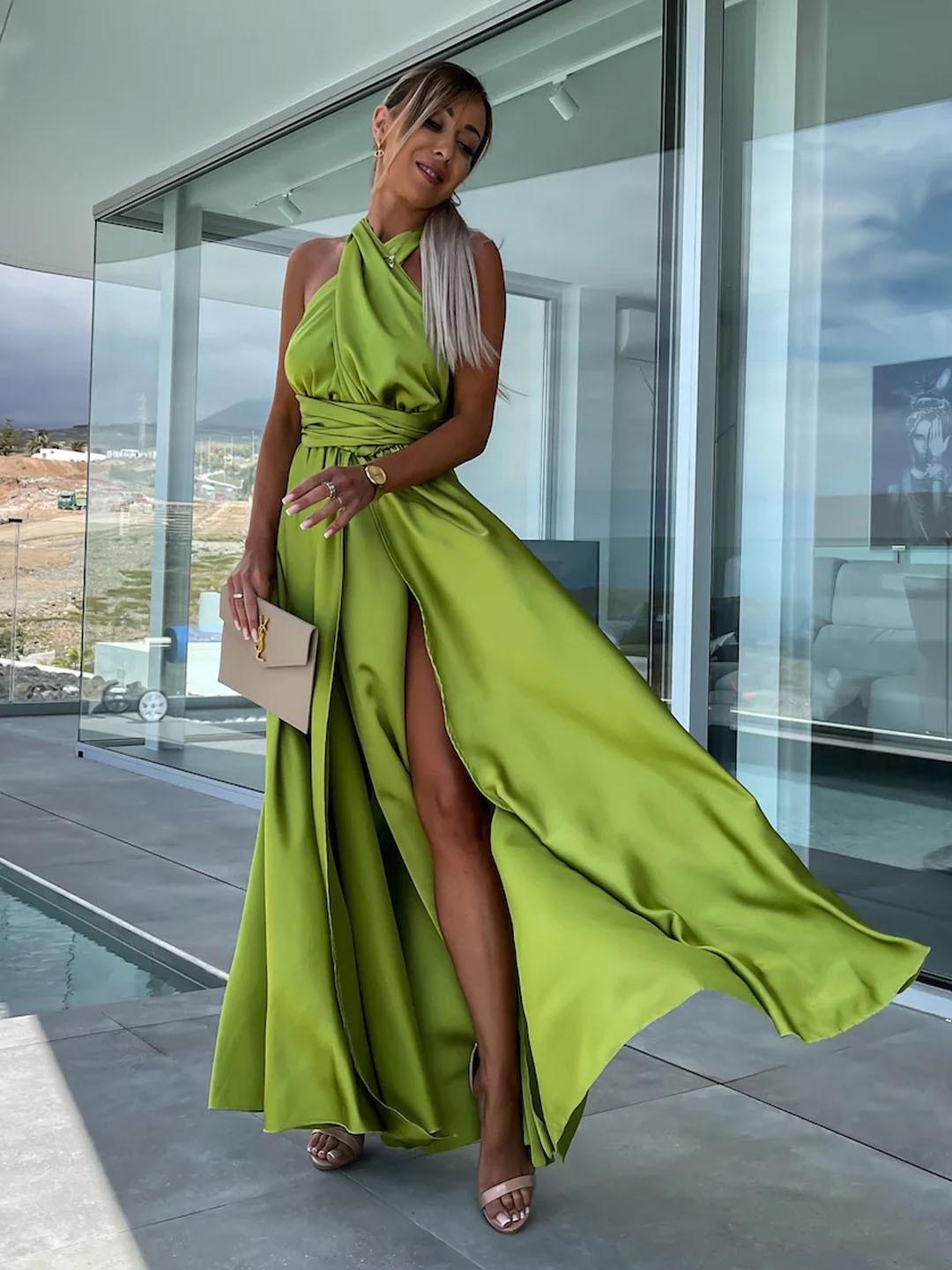 Halter Neck Sleeveless Empire Waist High-Slit Prom Maxi Dresses
