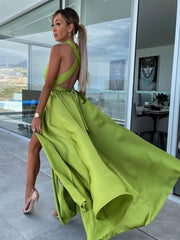 Halter Neck Sleeveless Empire Waist High-Slit Prom Maxi Dresses