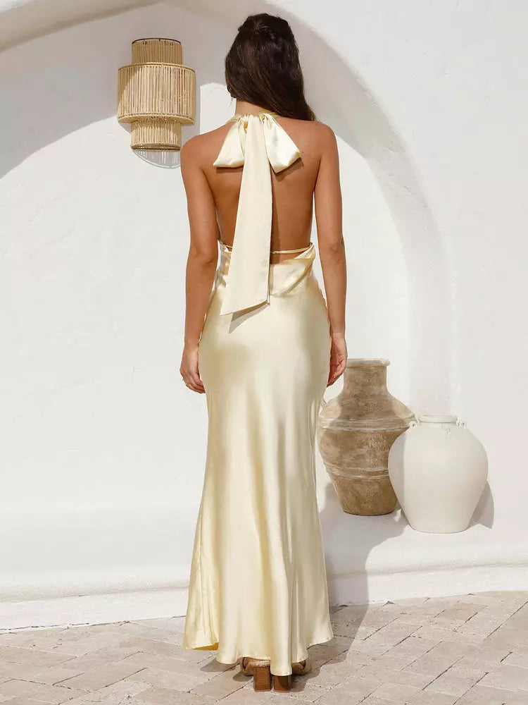 Halter Neck With Deep V-Neck And Backless Design Party Long Dress