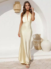 Halter Neck With Deep V-Neck And Backless Design Party Long Dress