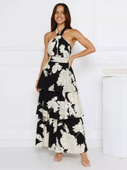 Halter Neck With Layered Skirt For Special Events Floral Maxi Dress