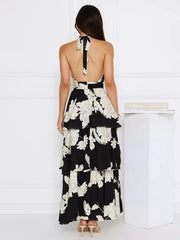 Halter Neck With Layered Skirt For Special Events Floral Maxi Dress