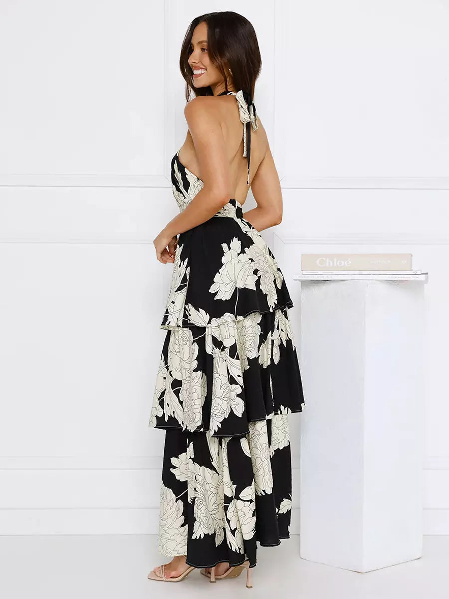 Halter Neck With Layered Skirt For Special Events Floral Maxi Dress