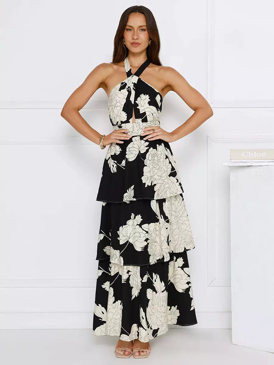 Halter Neck With Layered Skirt For Special Events Floral Maxi Dress