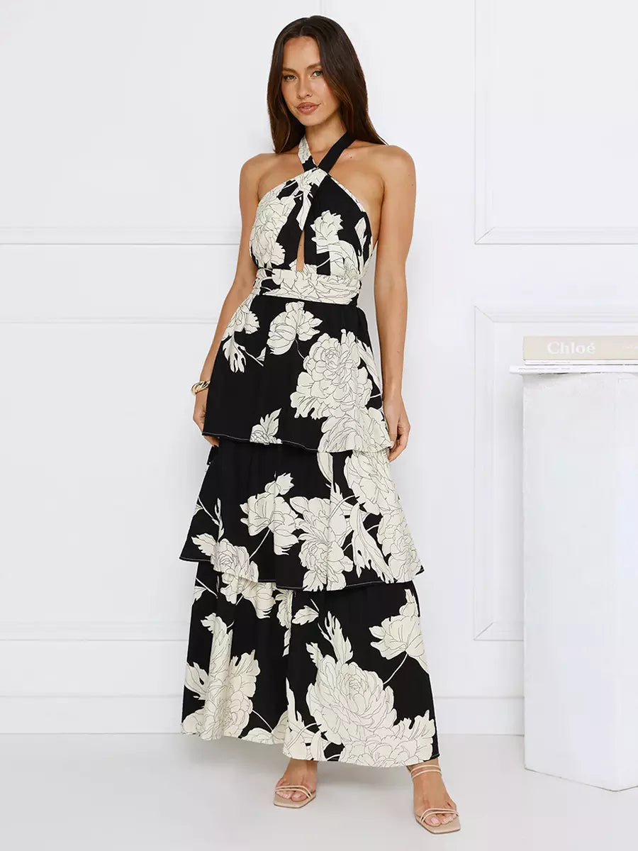 Halter Neck With Layered Skirt For Special Events Floral Maxi Dress