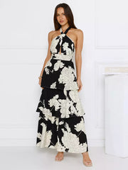 Halter Neck With Layered Skirt For Special Events Floral Maxi Dress