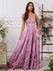 Halter Neckline Floral With Beaded Details Maxi Party Dress