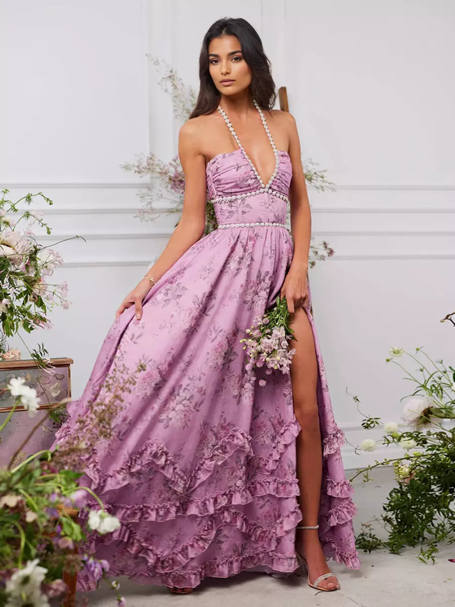 Halter Neckline Floral With Beaded Details Maxi Party Dress
