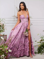 Halter Neckline Floral With Beaded Details Maxi Party Dress