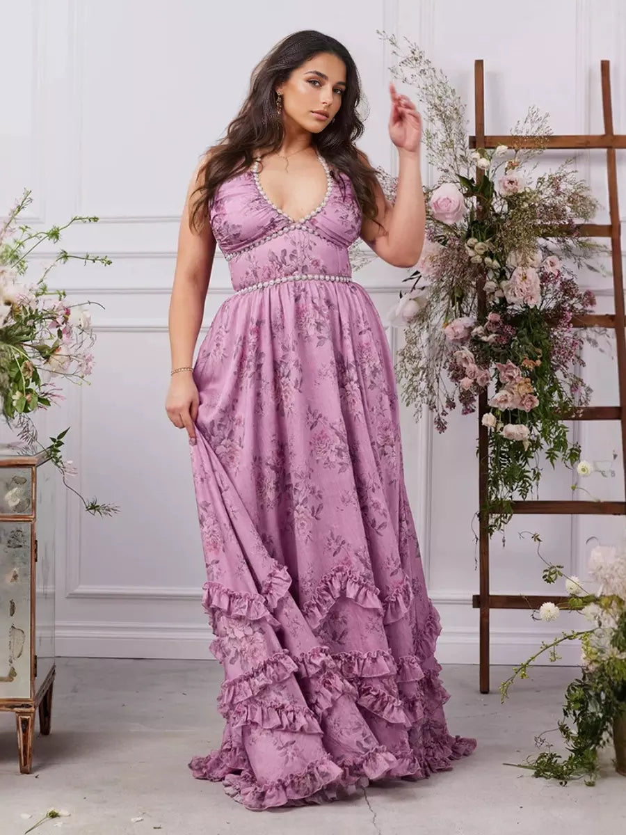 Halter Neckline Floral With Beaded Details Maxi Party Dress