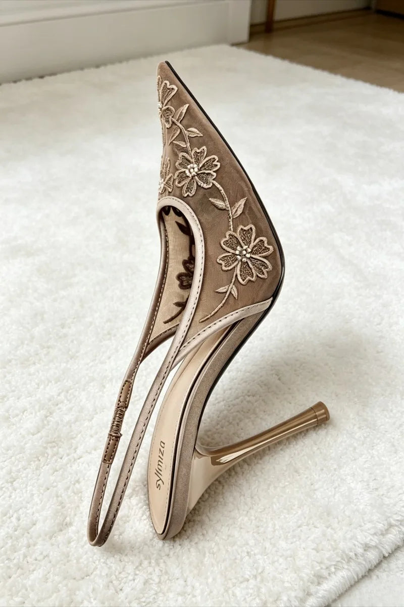 Handmade Embroidered Flower String Bead Slingback Heel