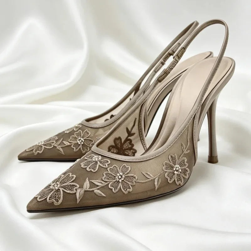 Handmade Embroidered Flower String Bead Slingback Heel
