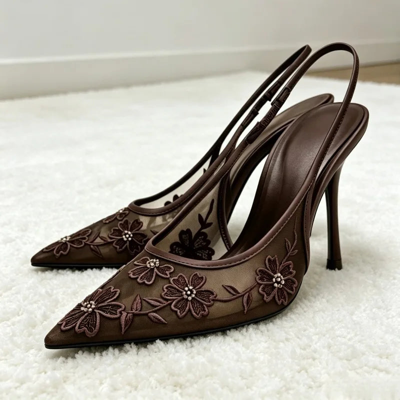 Handmade Embroidered Flower String Bead Slingback Heel
