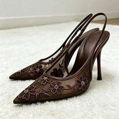 Handmade Embroidered Flower String Bead Slingback Heel