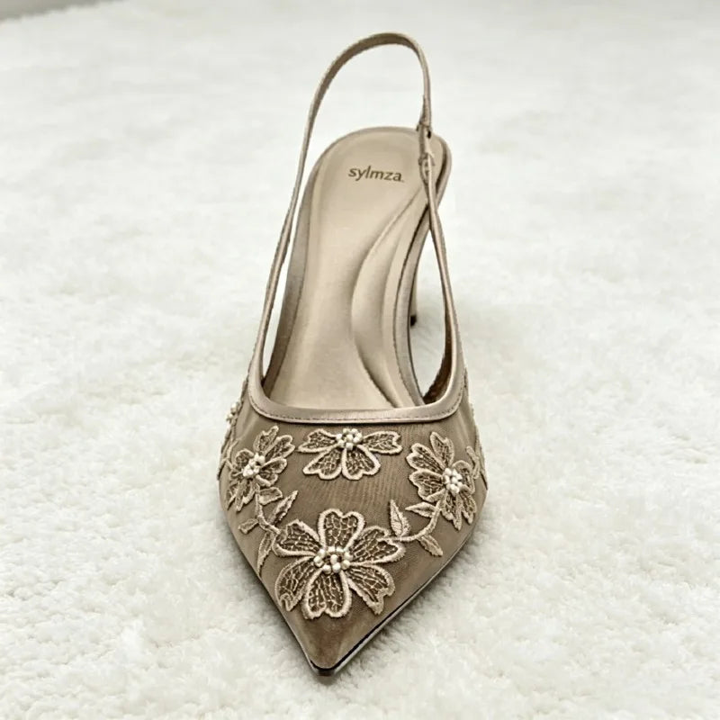 Handmade Embroidered Flower String Bead Slingback Heel