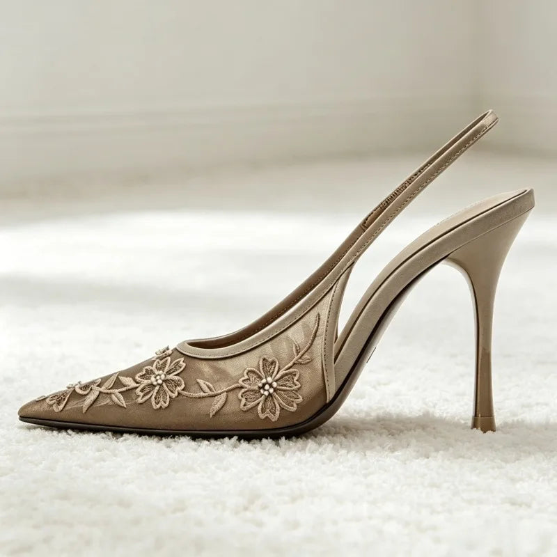 Handmade Embroidered Flower String Bead Slingback Heel