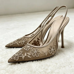 Handmade Embroidered Flower String Bead Slingback Heel